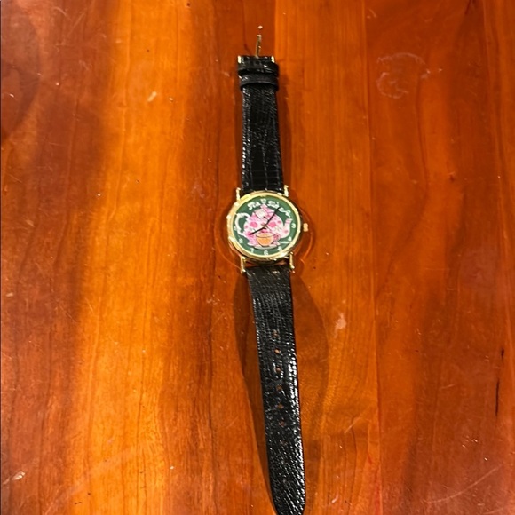 Tea Time Pop Art Tea Pot Watch Genuine Black Leather Strap Watch Gold Accents - Picture 5 of 12